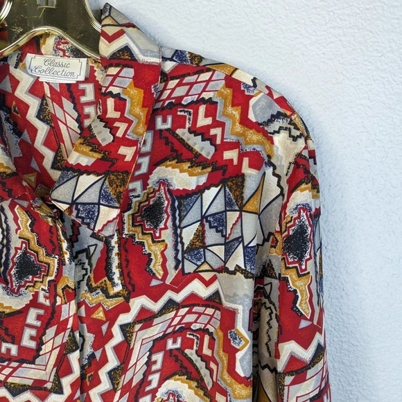 Vintage Classic Collection Blouse Red/Gray/Blue/Gold Geometric Pattern Size 18 - Picture 4 of 11